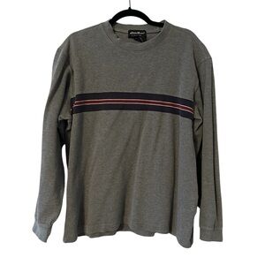 Eddie Bauer Gray Blue Striped Crewneck Sweater 100% Cotton Men’s Size Medium